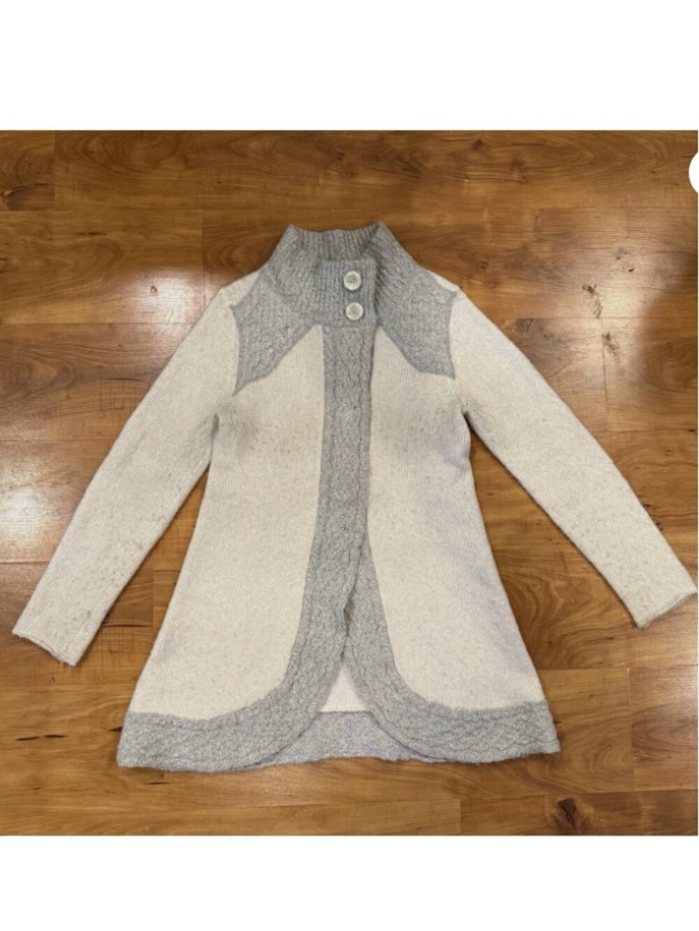 prAna Cardigan Duster Large Cream Gray Angelica Cable Chunky Crochet Long Snap**